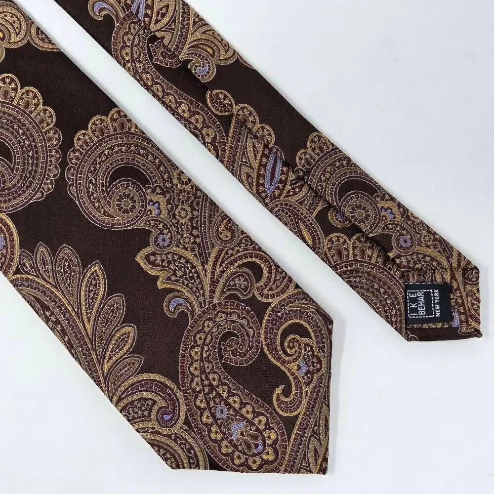 IKE BEHAR NEW YORK SILK TIE PAISLEY BROWN GOLD SATIN 3.25